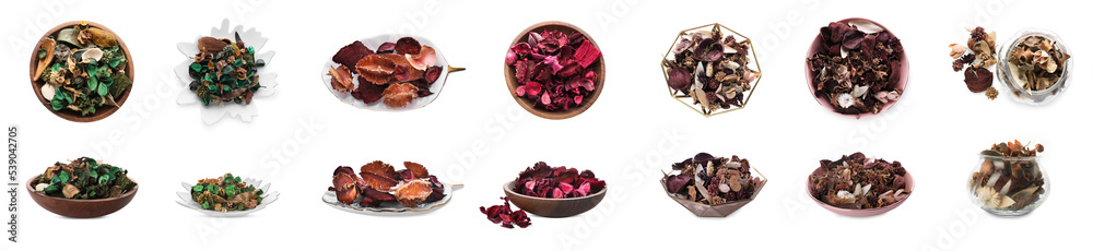 Set with scented potpourri on white background. Banner design Set with scented potpourri on white background. Banner design