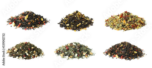 Set with aromatic herbal tea on white background. Banner design