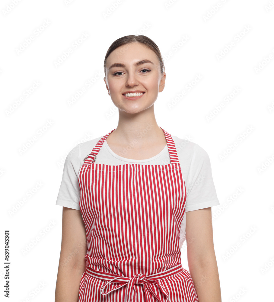 Beautiful young woman in clean striped apron on white background Beautiful young woman in clean striped apron on white background
