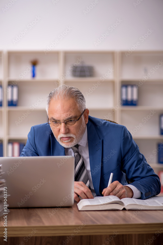 Old male employee working in the office Old male employee working in the office