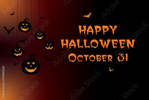 card or banner for a happy halloween party on october 31 in orange on a black and orange gradient background with orange and black pumpkins and black bats