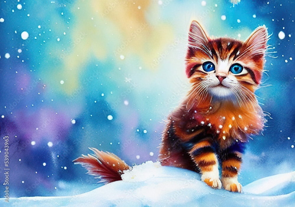 Cute Kitten in Falling Snow