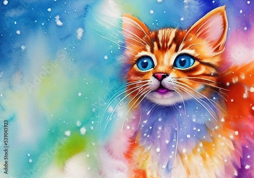 Cute cat watercolor in falling snow
