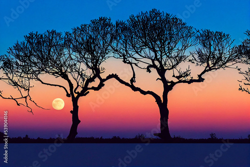 Silhouetted trees during the blue hour with a rising moon