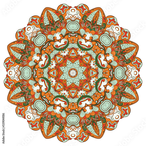 Mandala. Tracery wheel image. Mehndi design. Ethnic doodle art. Curved doodling picture. Vector