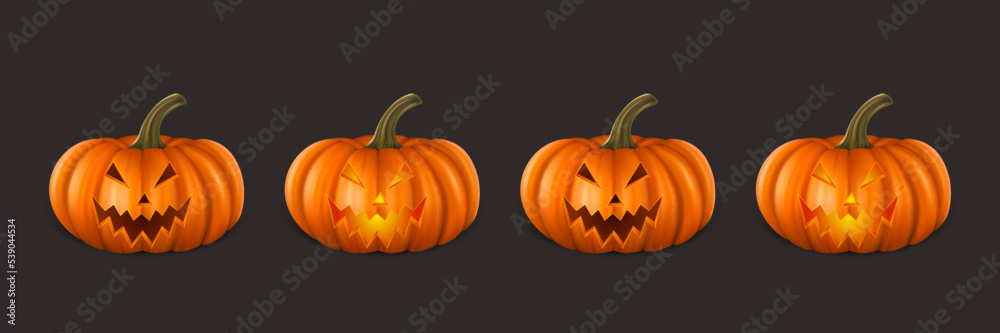 Vector Halloween Pumpkin Set. Cute Jack-o-lanterns, Carved Pumpkin Face for Invitations, Cards, Packaging, Wrapping, Banners Design. 3d Realistic Pumpkins Vector Halloween Pumpkin Set. Cute Jack-o-lanterns, Carved Pumpkin Face for Invitations, Cards, Packaging, Wrapping, Banners Design. 3d Realistic Pumpkins