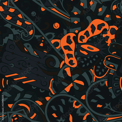 Tracery seamless pattern. Mehndi design. Dark sharp colors. 7 colors. Ethnic doodle texture. Curved doodling background. Vector