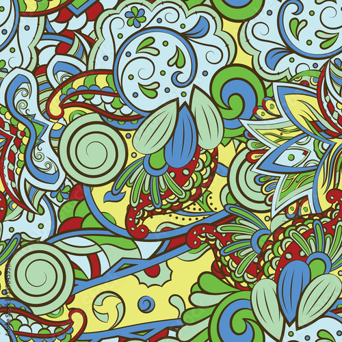 Tracery seamless pattern. Mehndi design. 7 colors. Ethnic doodle texture. Curved doodling background. Vector