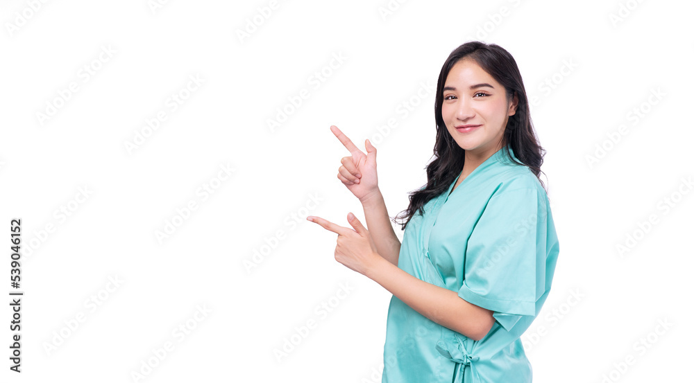 Cheerful asian wear patient using finger pointing choose healthy care or insurance medical standing over isolated white background. Positive smile sick young girl pointing copy space.Insurance medical Cheerful asian wear patient using finger pointing choose healthy care or insurance medical standing over isolated white background. Positive smile sick young girl pointing copy space.Insurance medical