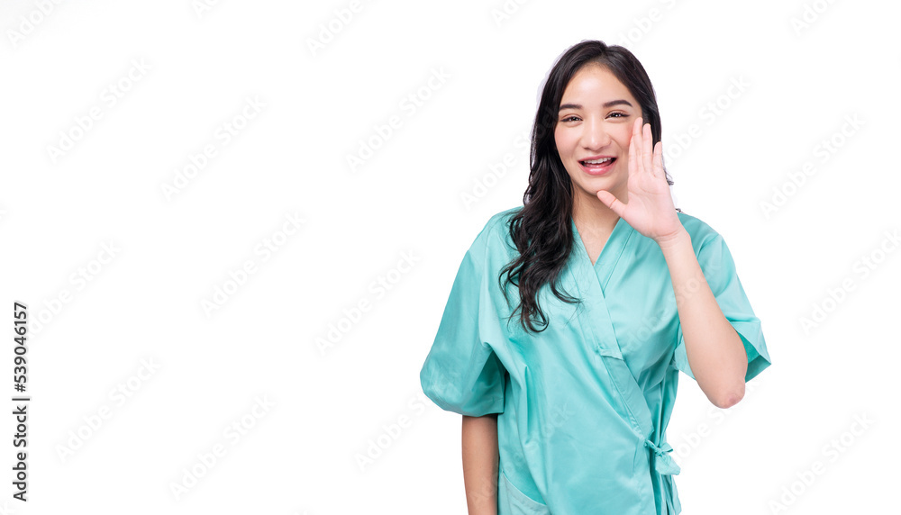 Happy asian woman patient holding hand aside mouth announce good news standing on white background. Excited patient female screaming announcement positive news over isolated. Health care insurance. Happy asian woman patient holding hand aside mouth announce good news standing on white background. Excited patient female screaming announcement positive news over isolated. Health care insurance.