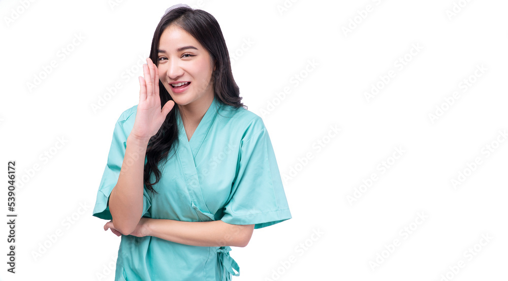 Happy asian woman wear pain holding hand aside mouth announce good news standing on white background. Excited painful female screaming announcement positive news over isolated. Health care insurance.