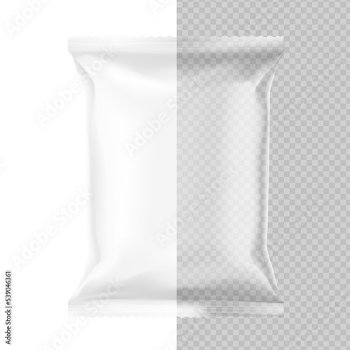 Food transparent pillow bag. Vector illustration isolated on background. Can be use for mockup your design, promo, adv. 