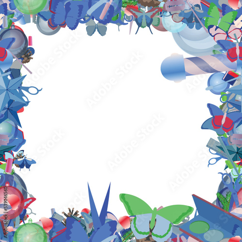 Background pattern abstract seamless design texture. Border frame, transparent background. Theme is about Red Admiral, pomade, razor blade, glare, beauty, evergreen, silhouette, various