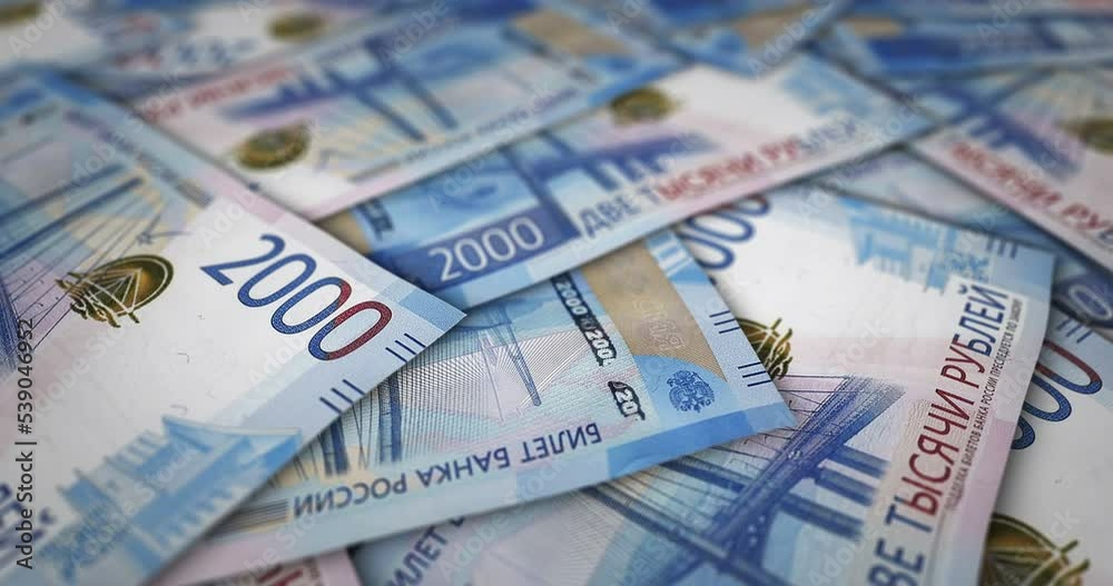 Ruble 2000 RUB banknote surface. Flying over Russia money note. 3D abstract concept of business, inflation, economy, finance, crisis and banking. Ruble 2000 RUB banknote surface. Flying over Russia money note. 3D abstract concept of business, inflation, economy, finance, crisis and banking.