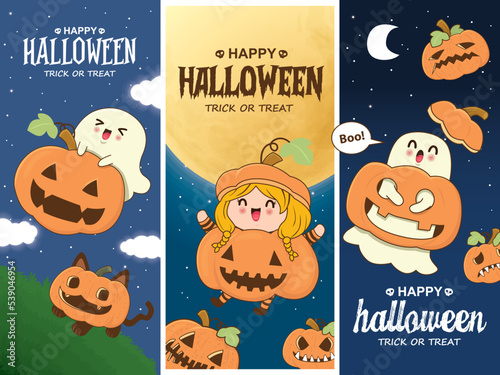 Vintage Halloween poster design with vector girl in jack o lantern character. 