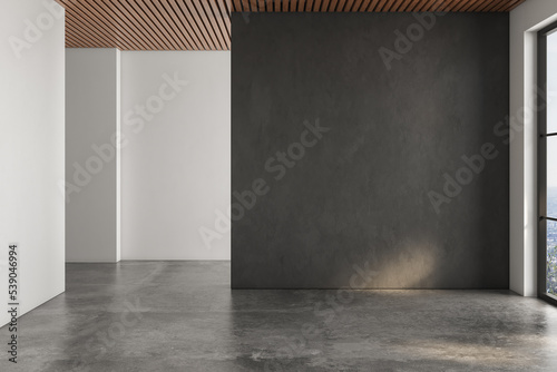 Realistic 3D rendering of empty room  beautiful sunlight and window frame shadow on black blank wall  white wall. concrete floor  wooden ceiling. Background  Interior. Front view.Mock up.