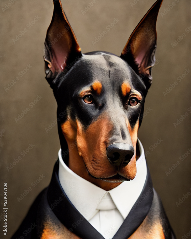 Doberman dog in a man suit. Close up portrait. AI generated. 