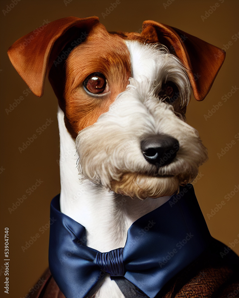 Foxterrier dog in a man suit. Close up portrait. 
