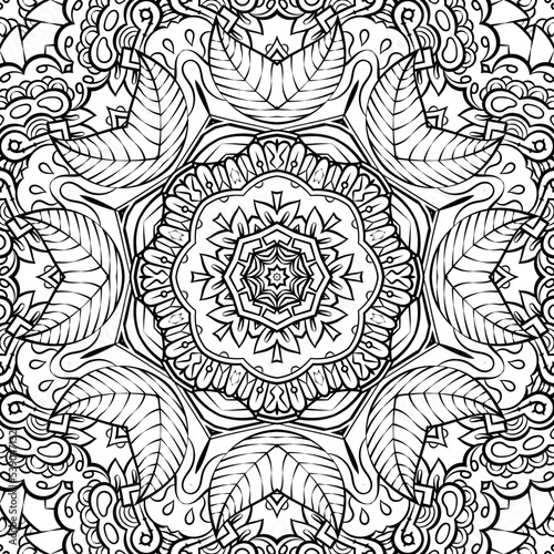 Seamless tile texture. Tracery mehndi design image. Binary monochrome black and white. Ethnic doodle art. Curved doodling picture. Vector