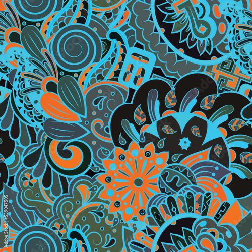 Tracery seamless pattern. Mehndi design. Dark sharp colors. Ethnic doodle texture. Curved doodling background. Vector