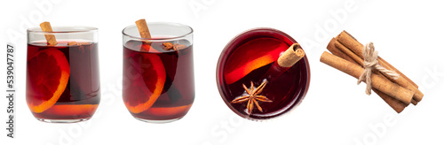 Gluhwein sweet hot warm Mulled red Wine or punch tea in mug cup glass spices citrus aromatic cinnamon star anise German tradition winter Christmas market beverage drink new year holidays festival photo