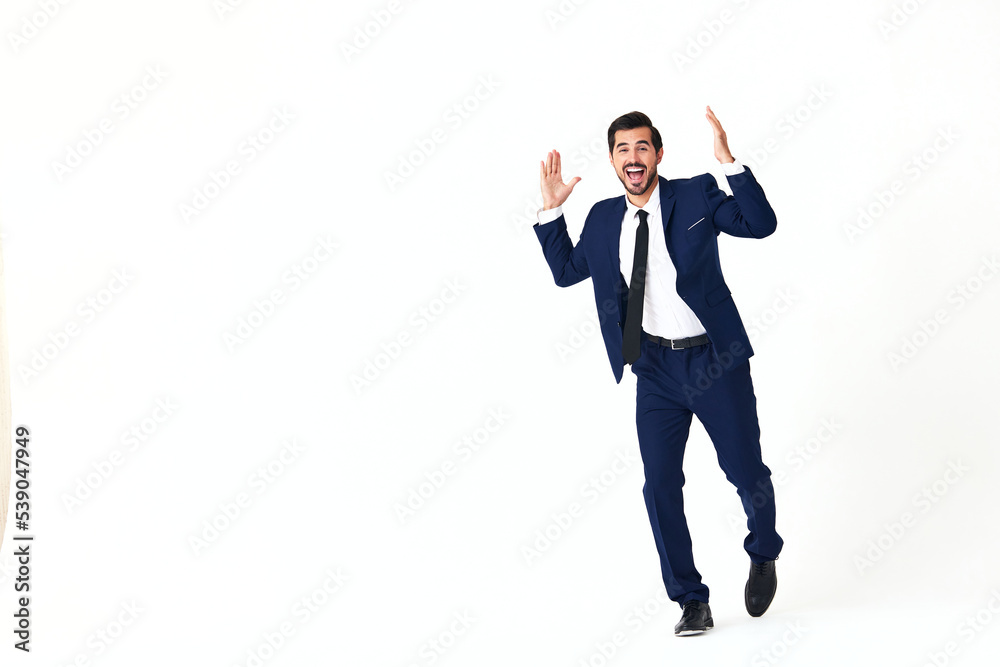 Man business smile with teeth in costume running and jumping flying up open mouth happiness and surprise full-length on white isolated background copy space Man business smile with teeth in costume running and jumping flying up open mouth happiness and surprise full-length on white isolated background copy space