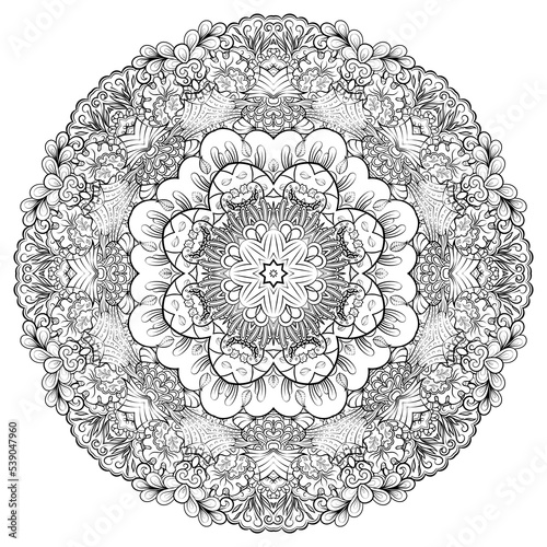 Mandala. Tracery wheel image. Mehndi design. Binary monochrome black and white. Ethnic doodle art. Curved doodling picture. Vector