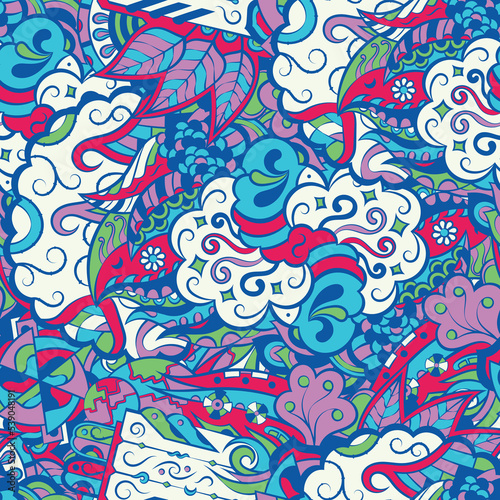 Tracery seamless pattern. Mehndi design. 6 colors. Ethnic doodle texture. Curved doodling background. Vector