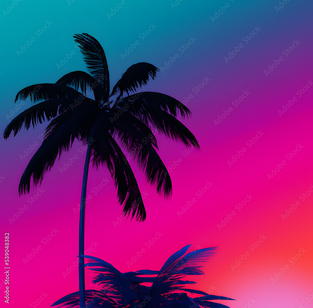 Vaporwave illustration of silhouette coconut palm tree on a gradient background sunset.. Aesthetics. 3D Illustration.