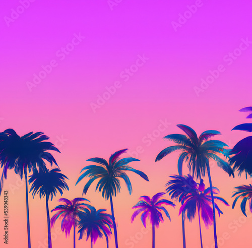 Vaporwave illustration of silhouette coconut palm tree on a gradient background sunset.. Aesthetics. 3D Illustration.