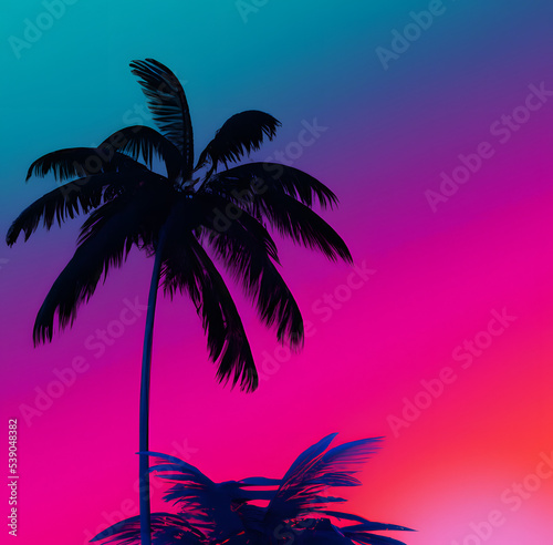 Vaporwave illustration of silhouette coconut palm tree on a gradient background sunset.. Aesthetics. 3D Illustration. © RobertGabriel