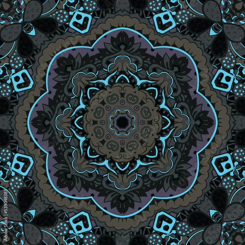 Seamless tile texture. Tracery mehndi design image. Dark toxic colors. Ethnic doodle art. Curved doodling picture. Vector