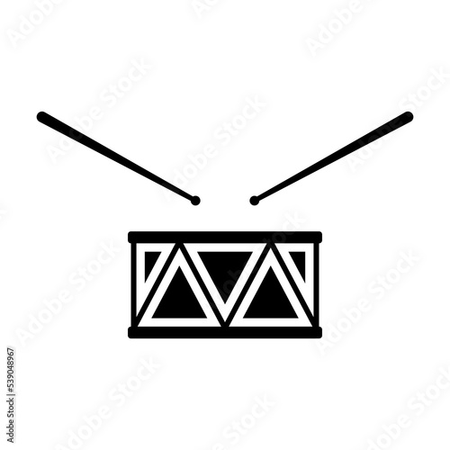 Musical drum and sticks icon. Black silhouette. Front side view. Vector simple flat graphic illustration. Isolated object on a white background. Isolate.
