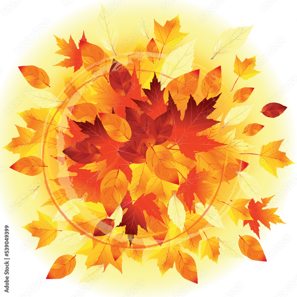Autumn Sale Design with Falling Leaves on on light yellow background. Autumnal Vector Illustration with round elements for Special Offer, for Coupon, Voucher, Banner, Flyer, Poster or textile design