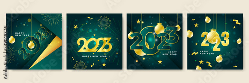 Happy new year 2023 green gold social media template and greeting card design