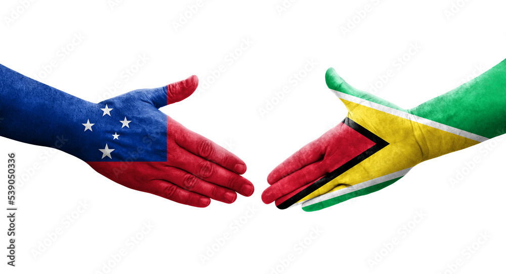 Handshake between Guyana and Samoa flags painted on hands, isolated transparent image. Handshake between Guyana and Samoa flags painted on hands, isolated transparent image.