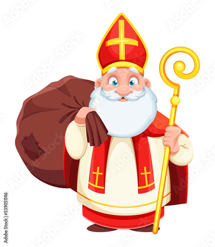 Cute Saint Nicholas or Sinterklaas with big bag. Happy Saint Nicholas Day. Cute cartoon character. 