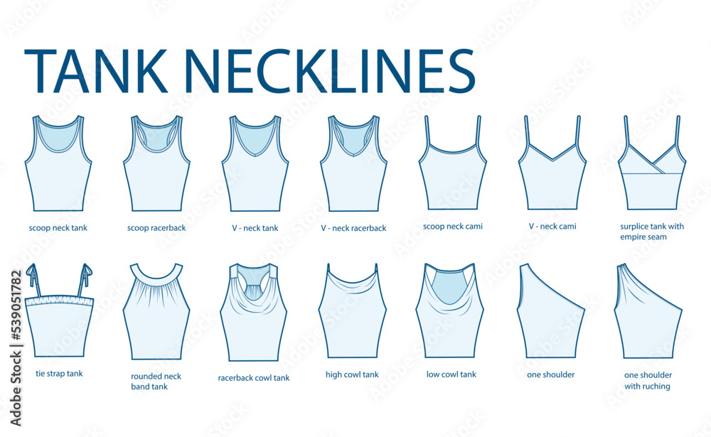Set of necklines tank clothes - tops, cami, one shoulder, scoop, racerback,  V-neck, cowl, strap technical fashion illustration with fitted body. Flat  apparel template. Women, men unisex CAD mockup Stock Vector