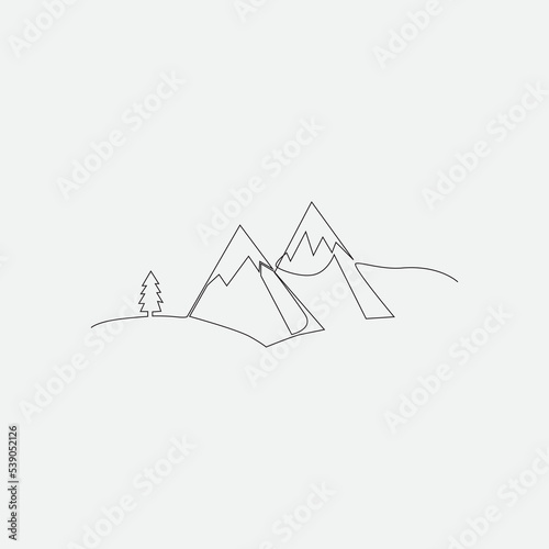 mountain scenery in continuous single line vector illustration on white background