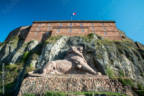 Closeup of the Lion de Bartholdi sculpture in Belfort, France.