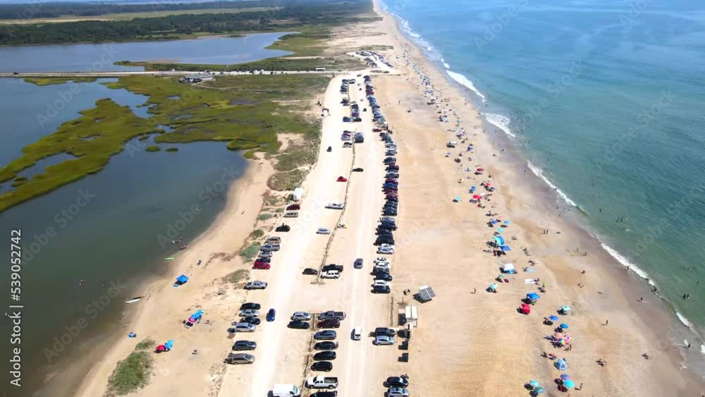 Top down view of the beach on Chincoteague Island Virginia. car parking