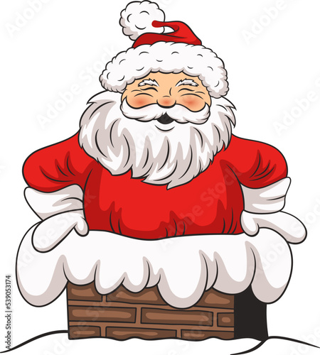 Merry Christmas Card with Smiling Santa Claus in a Chimney in Retro Cartoon Comic Style. Design Template for Merry Christmas and Happy New Year Holiday Greeting Card with Happy Laughing Santa
