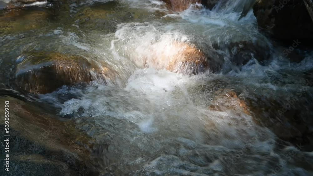 A ray of sunlight catches the water as it flows over the stones of a mountain stream A ray of sunlight catches the water as it flows over the stones of a mountain stream
