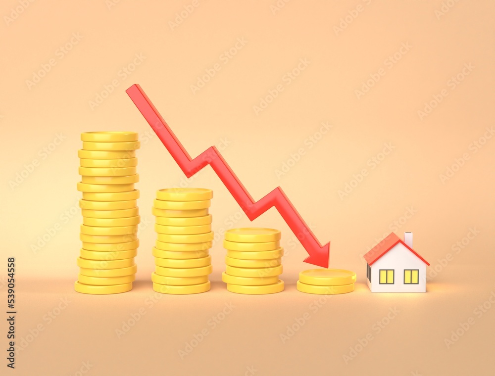 The fall in the value of private homeownership. Red arrow down, coins and house. Crisis in the real estate market. Graph of falling house prices. Red chart and yellow coins. 3D rendering The fall in the value of private homeownership. Red arrow down, coins and house. Crisis in the real estate market. Graph of falling house prices. Red chart and yellow coins. 3D rendering