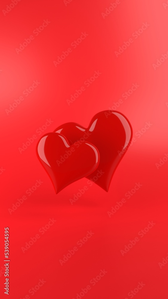 Two dark red glossy hearts on a red background. Phone wallpaper or postcard template for Valentine's Day, wedding or Women's Day. The concept of love. 3d rendering, vertical image
