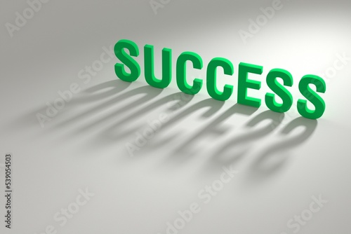 Lettering of the word SUCCESS. The concept of success, luck or goal achievement. The green inscription SUCCESS casts a shadow on a light surface. 3D rendering