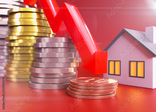 Real estate crisis. Low housing prices. Close up red down arrow, coins and house. House price drop chart. 3D rendering, selective focus