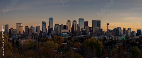 Panoramic image of Calgary's beautiful skyline on a late autumn morning.