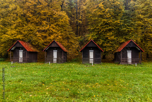 Camping place cabins in Divoka Orlice valley near Potstejn, Czech Republic photo