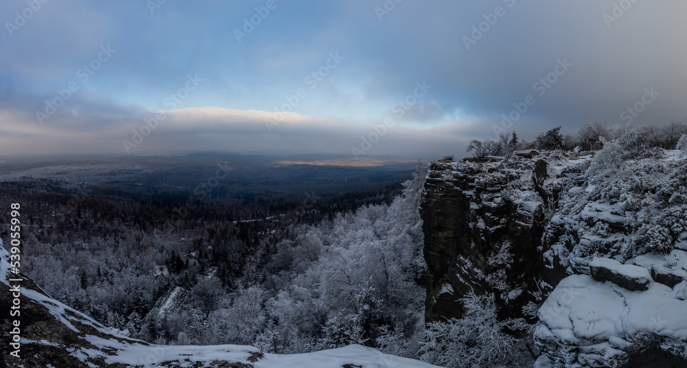 Winter view of cliffs at Decinsky Sneznik mountain, Czech Republic